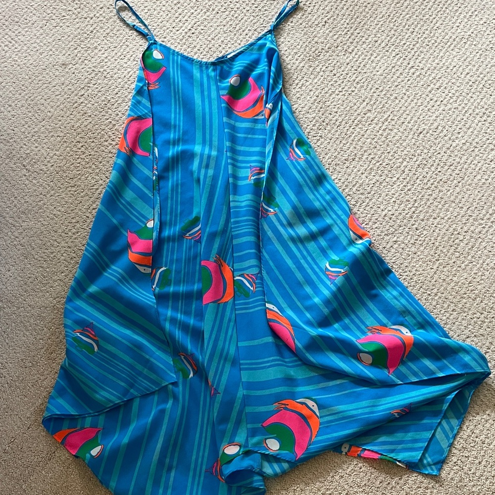 JB by Julie Brown Bright Blue Striped Slip Dress with large Pink fish